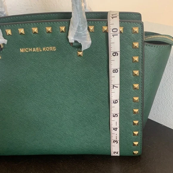 NWT Michael Kors Malachite Green Selma Gold Stud Satchel. - Picture 3 of 14